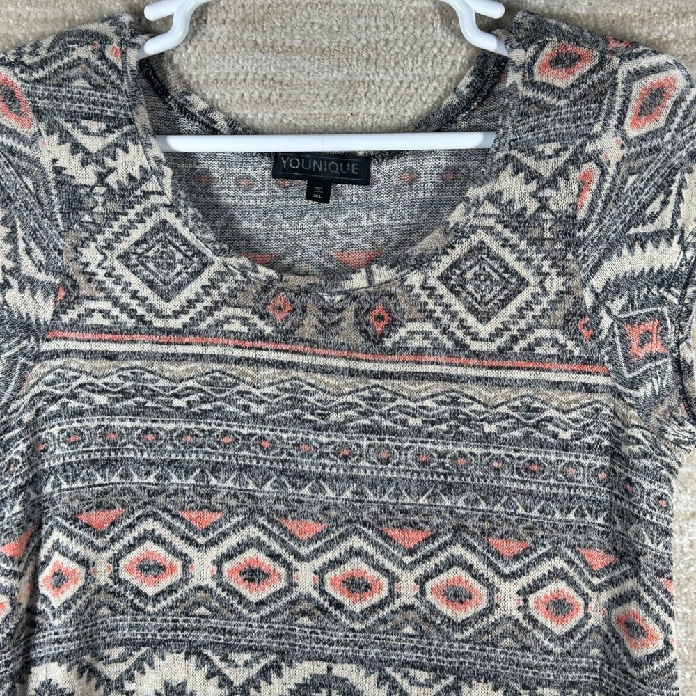 Younique Women Boho Southwestern Geometric Knit High Low Top Gray Coral XL